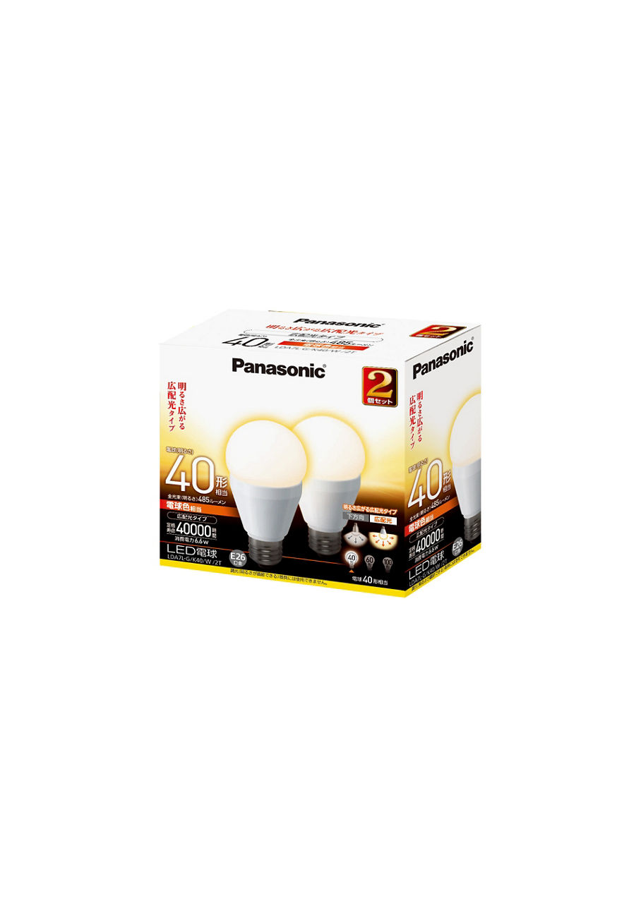 新品未使用[Panasonic]LED電球 LDA7L-G/K40/D/W 2個 LDA7LGK40W2T 概要 - LED電球 6.6W 2個入(電球色相当) | LED電球・蛍光